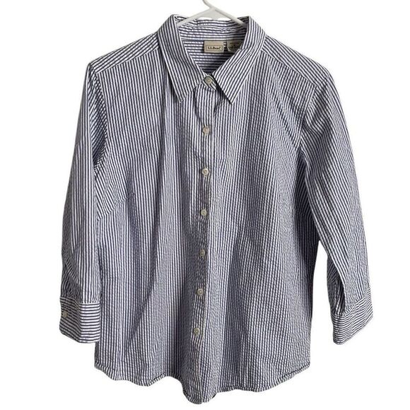 L.L. Bean Womens Vactionland Seersucker Button Up M Blue Stripe 3/4 Sleeve Vacay - Picture 1 of 5